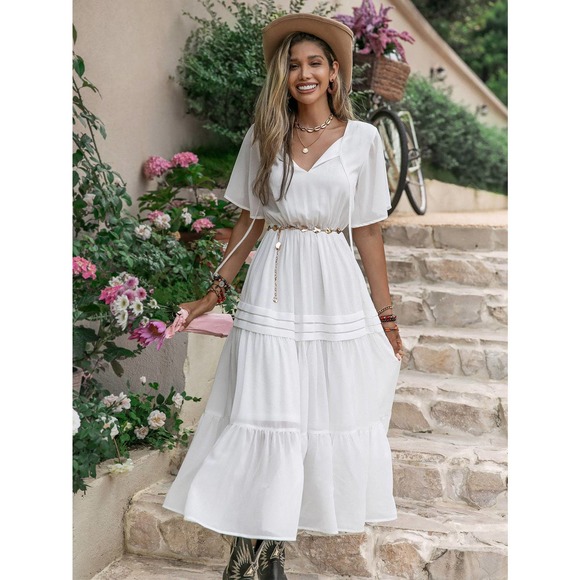 Dresses & Skirts - boho Tie Neck Flutter Sleeve Ruffle Hem Dress Without Belt midi dress white